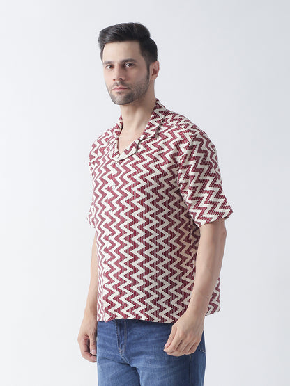 Multi Printed Casual Shirt, Has A Cuban Collar, Button Placket, Short Regular Sleeves, Straight Hem