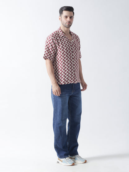 Multi Printed Casual Shirt, Has A Cuban Collar, Button Placket, Short Regular Sleeves, Straight Hem