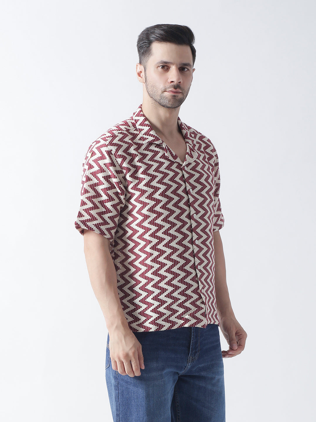 Multi Printed Casual Shirt, Has A Cuban Collar, Button Placket, Short Regular Sleeves, Straight Hem