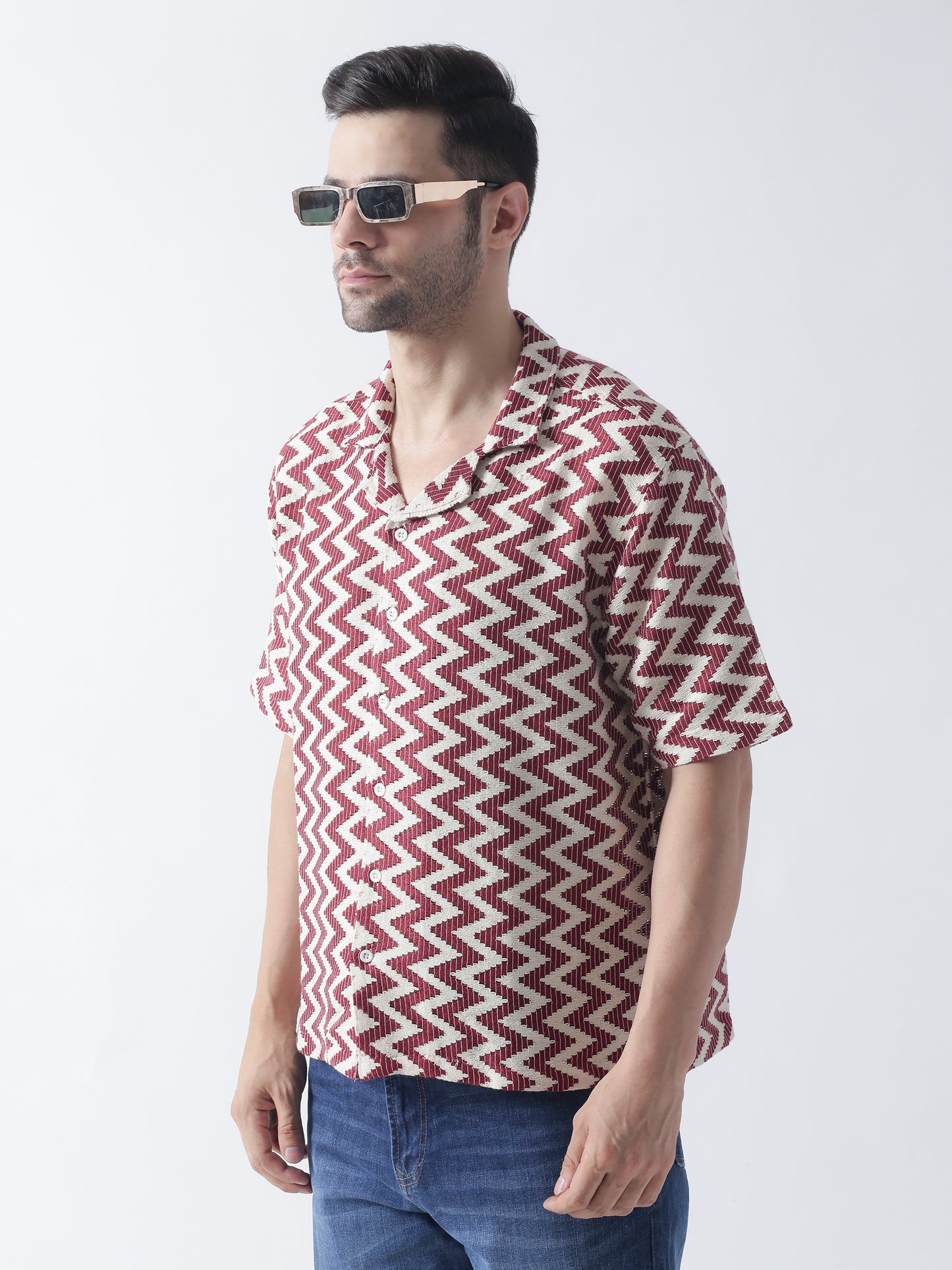 Multi Printed Casual Shirt, Has A Cuban Collar, Button Placket, Short Regular Sleeves, Straight Hem