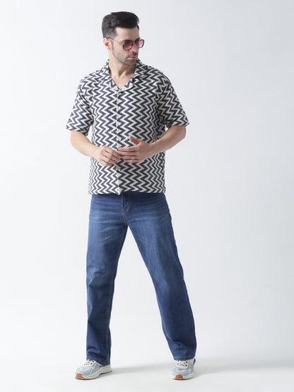 Blue crocia   Casual shirt ,has a cuban collar, button placket, short regular sleeves, straight hem