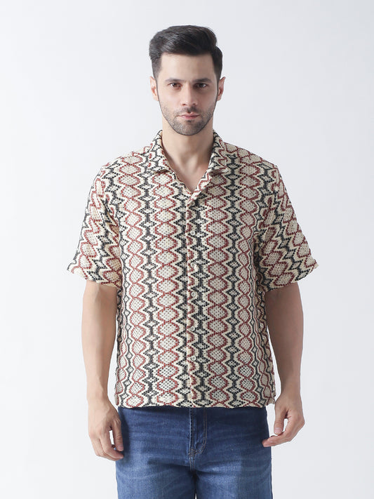 Multi crocia Casual shirt ,has a cuban collar, button placket, short regular sleeves, straight hem