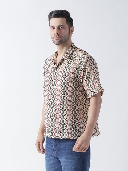 Multi crocia Casual shirt ,has a cuban collar, button placket, short regular sleeves, straight hem