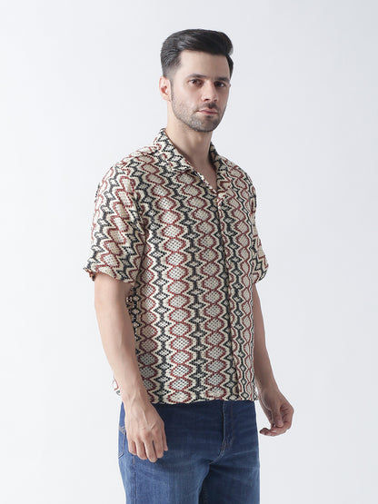 Multi crocia Casual shirt ,has a cuban collar, button placket, short regular sleeves, straight hem