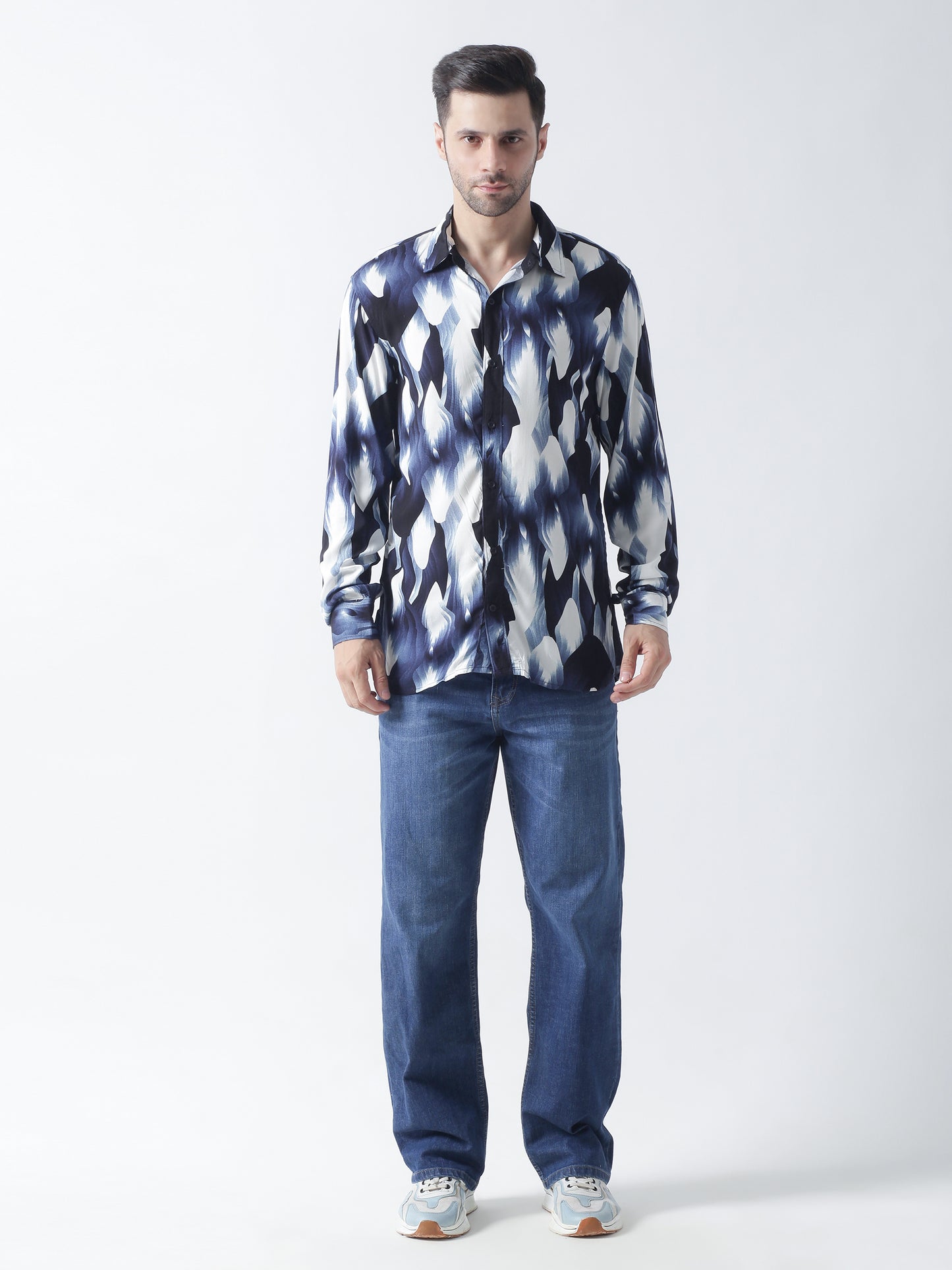 Navy printed plain weave casual shirt ,has a spread collar, button placket, long regular sleeves, curved hem