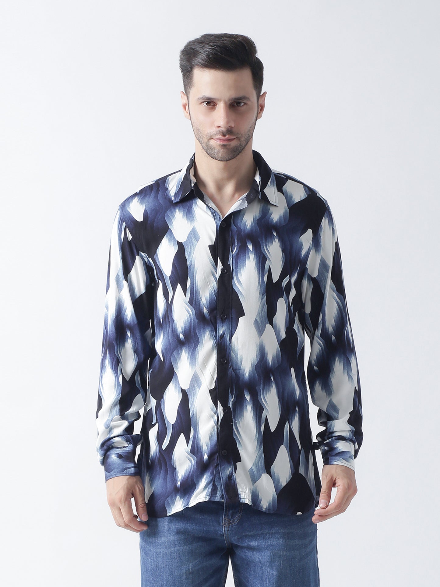 Navy printed plain weave casual shirt ,has a spread collar, button placket, long regular sleeves, curved hem