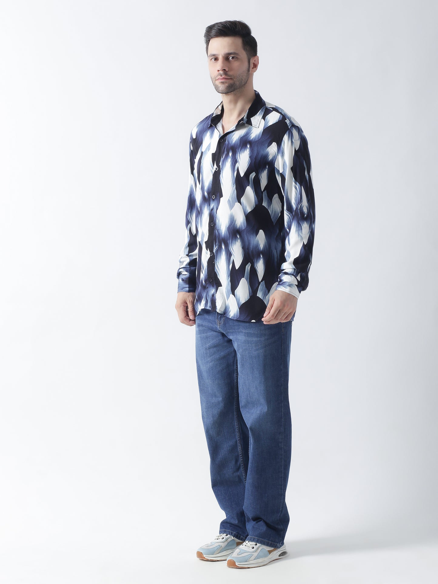 Navy printed plain weave casual shirt ,has a spread collar, button placket, long regular sleeves, curved hem