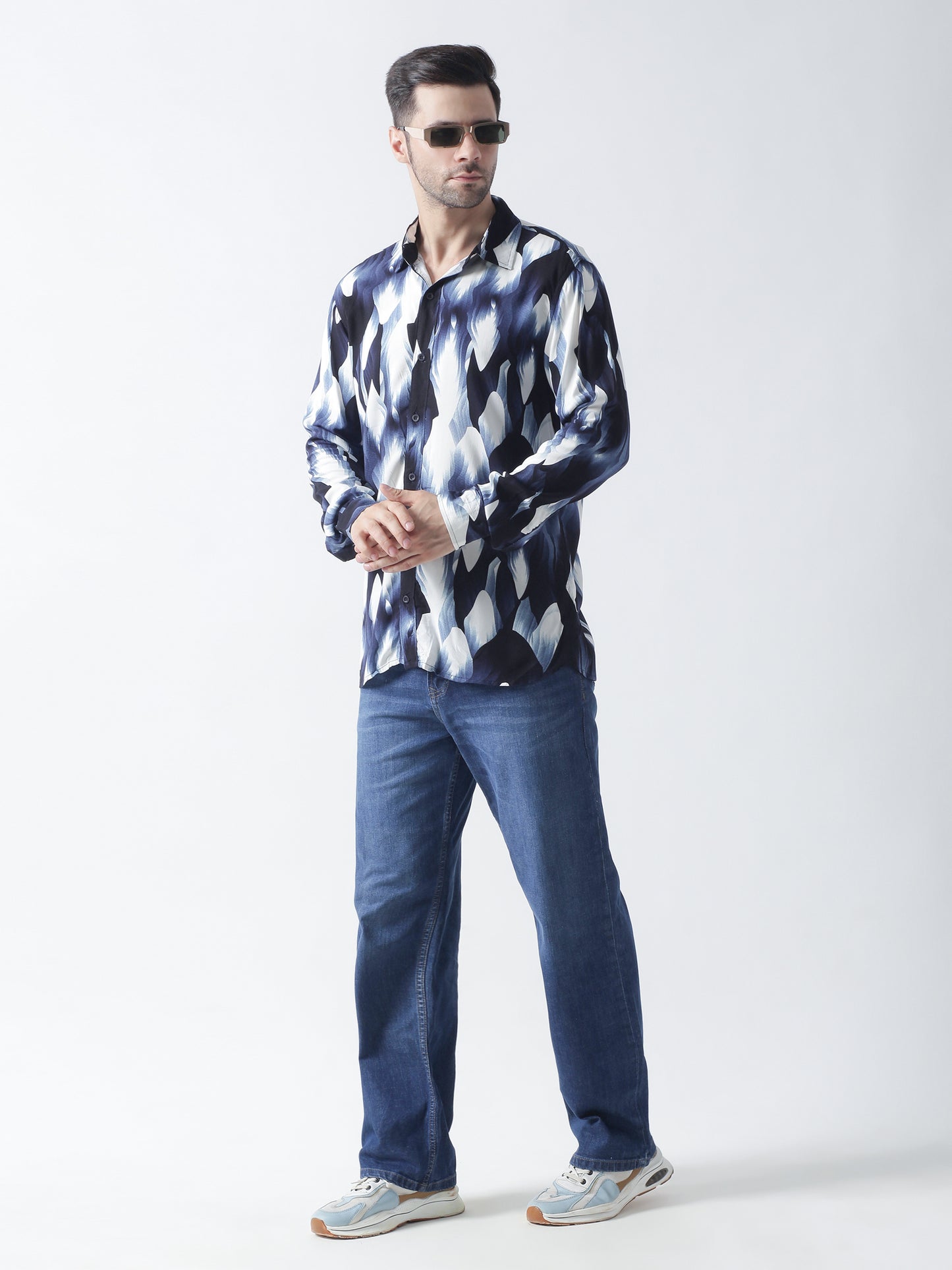 Navy printed plain weave casual shirt ,has a spread collar, button placket, long regular sleeves, curved hem