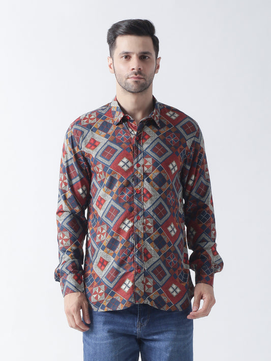 Multi printed plain weave casual shirt ,has a spread collar, button placket, long regular sleeves, curved hem