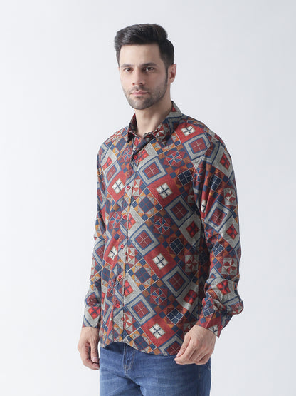 Multi printed plain weave casual shirt ,has a spread collar, button placket, long regular sleeves, curved hem