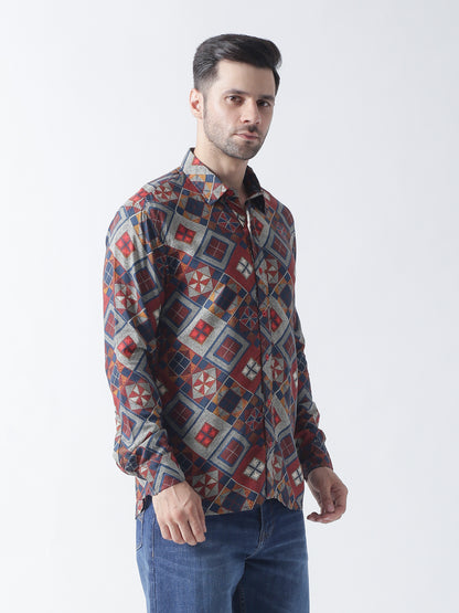 Multi printed plain weave casual shirt ,has a spread collar, button placket, long regular sleeves, curved hem