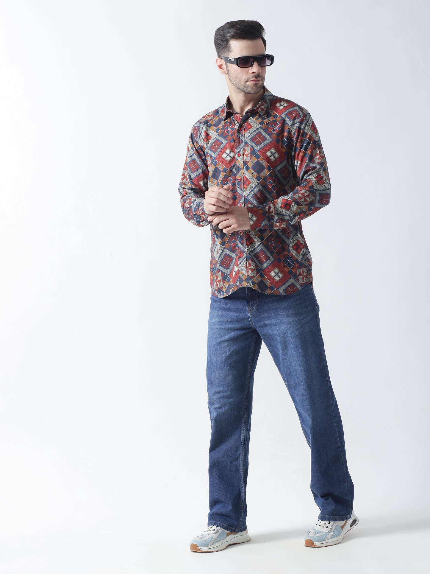 Multi printed plain weave casual shirt ,has a spread collar, button placket, long regular sleeves, curved hem