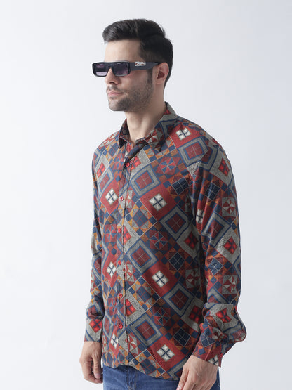 Multi printed plain weave casual shirt ,has a spread collar, button placket, long regular sleeves, curved hem