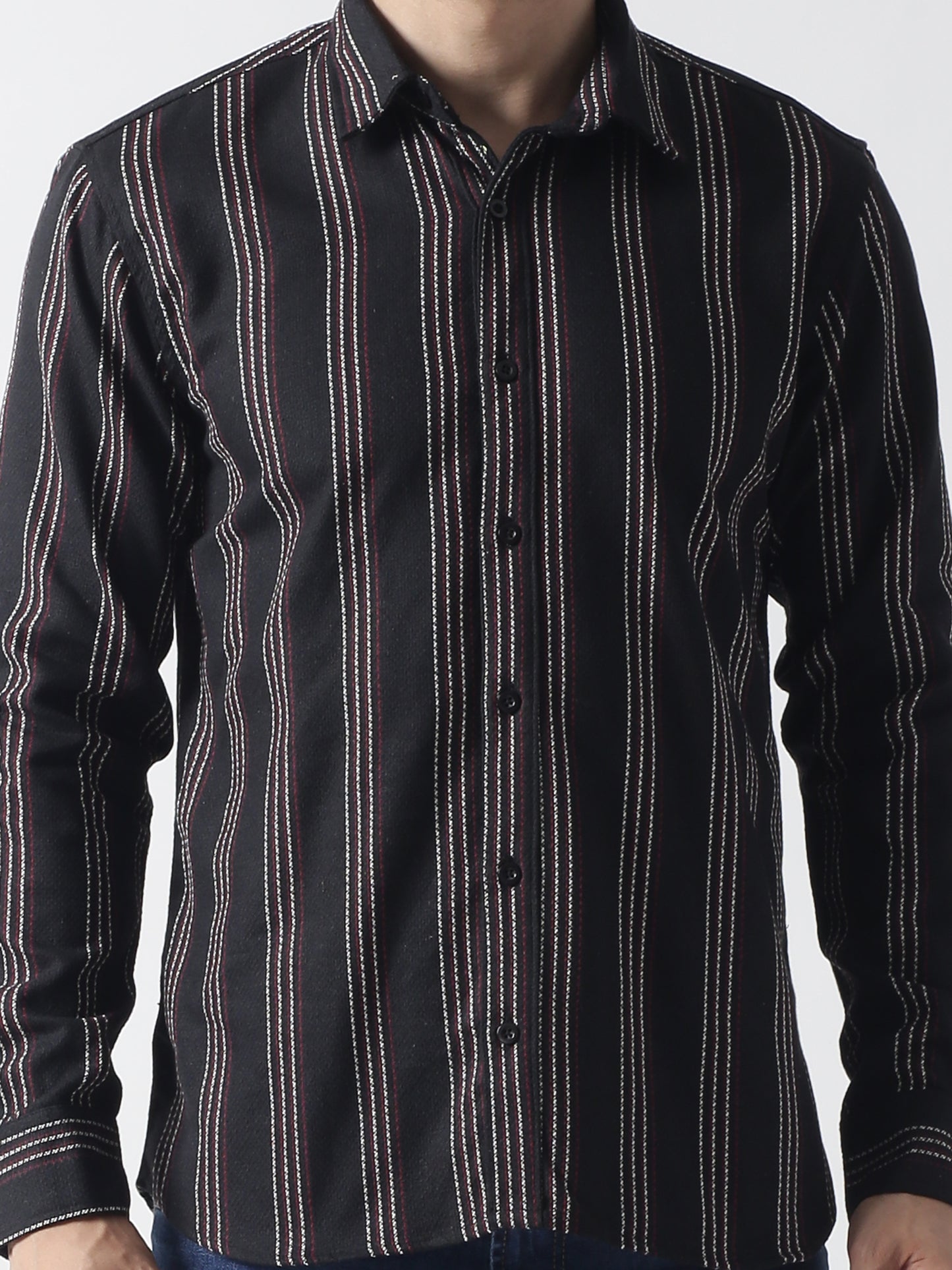 Black stripe Jaquard casual shirt ,has a spread collar, button placket, long regular sleeves, curved hem