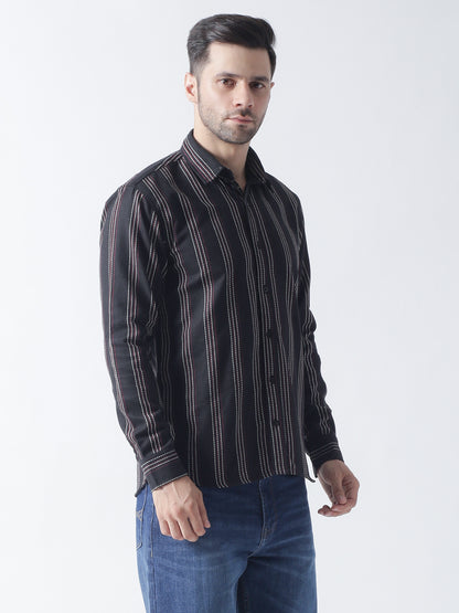 Black stripe Jaquard casual shirt ,has a spread collar, button placket, long regular sleeves, curved hem