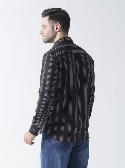 Black stripe Jaquard casual shirt ,has a spread collar, button placket, long regular sleeves, curved hem