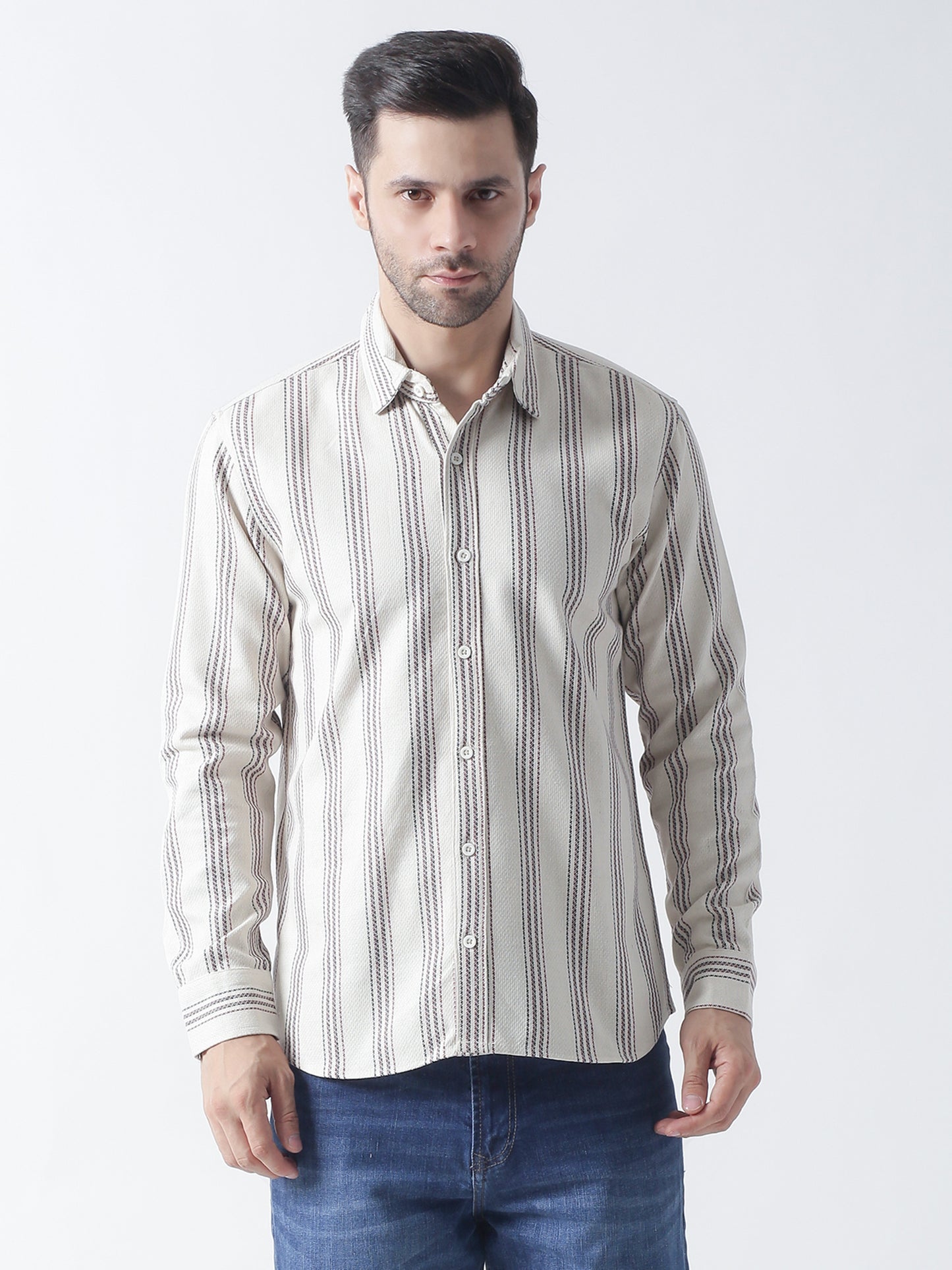 Beige stripe Jaquard casual shirt ,has a spread collar, button placket, long regular sleeves, curved hem