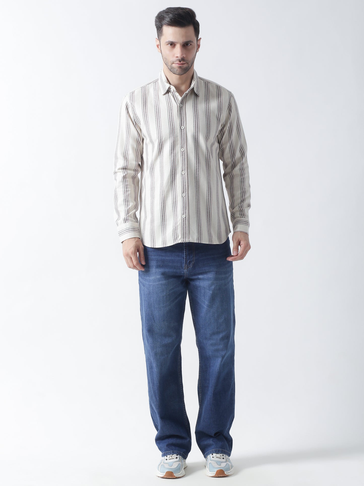 Beige stripe Jaquard casual shirt ,has a spread collar, button placket, long regular sleeves, curved hem