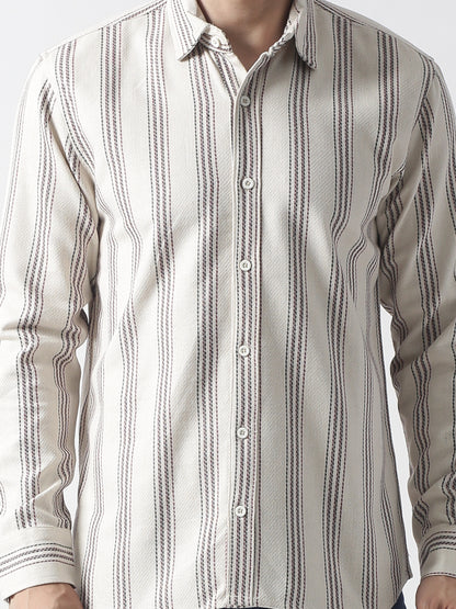 Beige stripe Jaquard casual shirt ,has a spread collar, button placket, long regular sleeves, curved hem