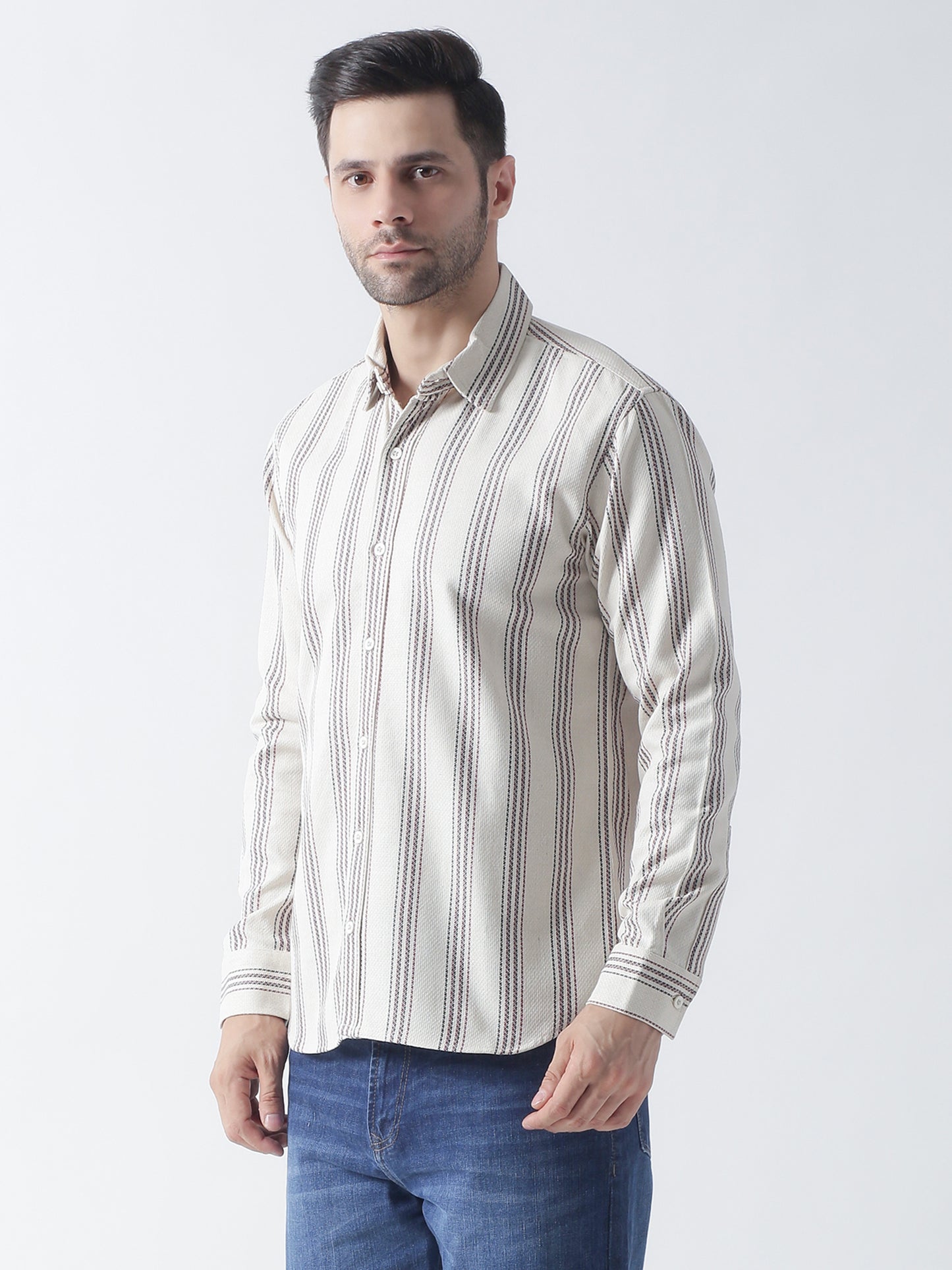 Beige stripe Jaquard casual shirt ,has a spread collar, button placket, long regular sleeves, curved hem