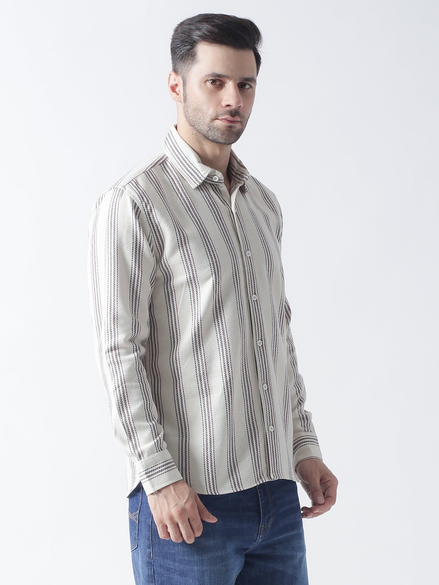 Beige stripe Jaquard casual shirt ,has a spread collar, button placket, long regular sleeves, curved hem