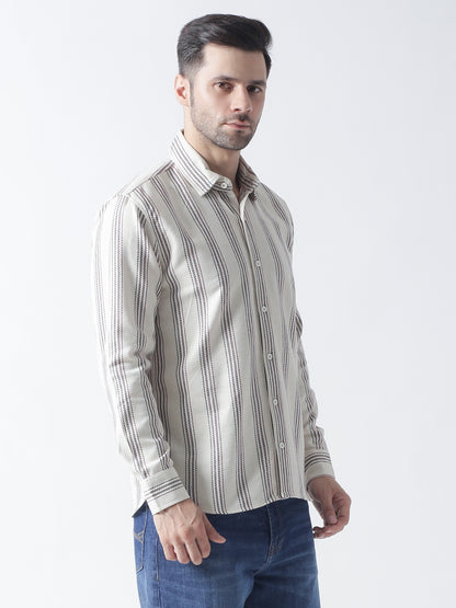 Beige stripe Jaquard casual shirt ,has a spread collar, button placket, long regular sleeves, curved hem