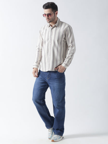 Beige stripe Jaquard casual shirt ,has a spread collar, button placket, long regular sleeves, curved hem