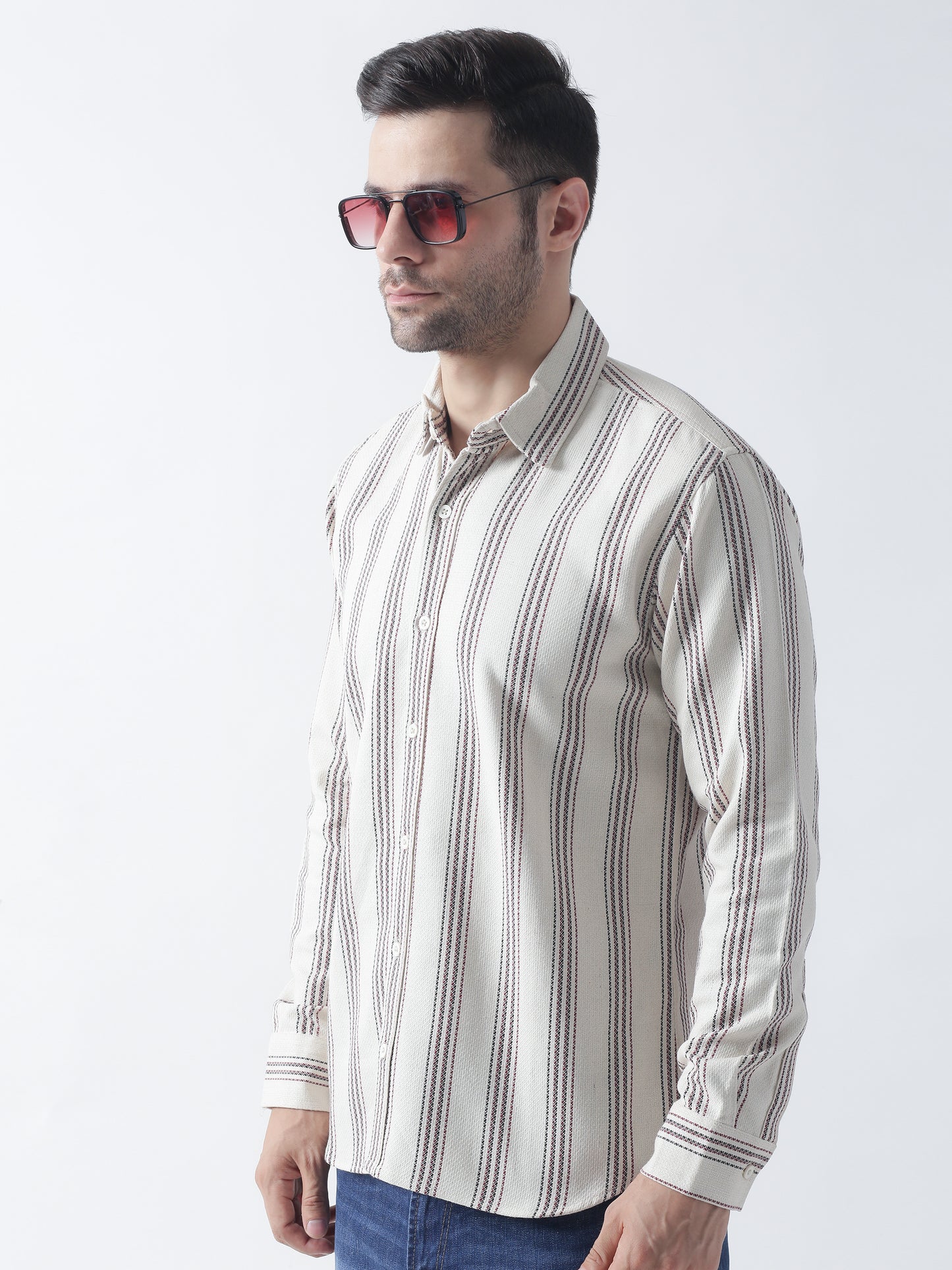 Beige stripe Jaquard casual shirt ,has a spread collar, button placket, long regular sleeves, curved hem