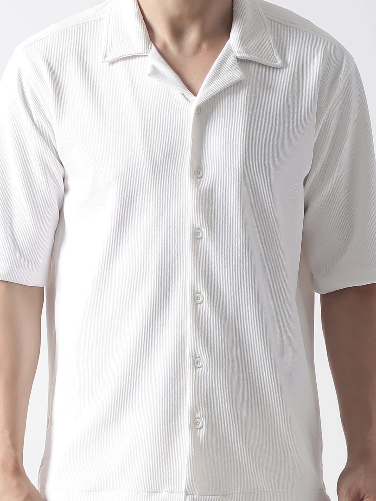 Cream Stripe Casual Shirt, Has A Cuban Collar, Button Placket, Short Regular Sleeves, Straight Hem